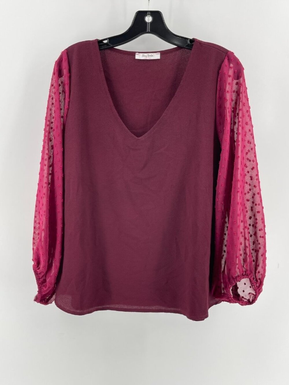 Jenny Boston Women's Burgundy Top Blouse V Neck Long Sheer Sleeve Size Small